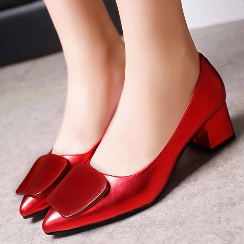 Chic Square Buckle Pumps - Solid Color Pointed Toe Design - Comfortable Chunky Heels for All-Occasion Stylish Work Wear