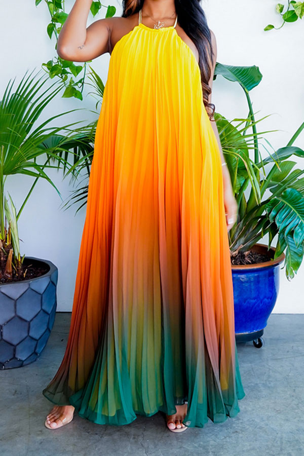 storexq Gradient Glamorous Pleated Backless Maxi Dress