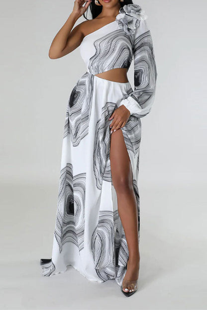 storexq 3D Flower Decor Ripple Print Modern Asymmetric Maxi Dress