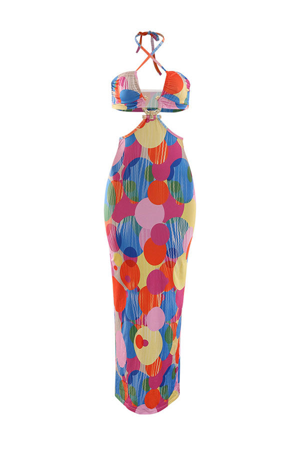 namcoverse Polka Dot Colorful Cutout Waist Maxi Dress