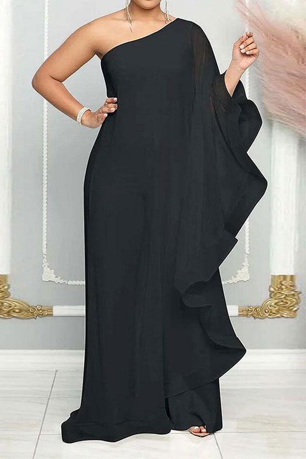 storexq Solid Color Whimsical One Shoulder Irregular Layered Jumpsuit