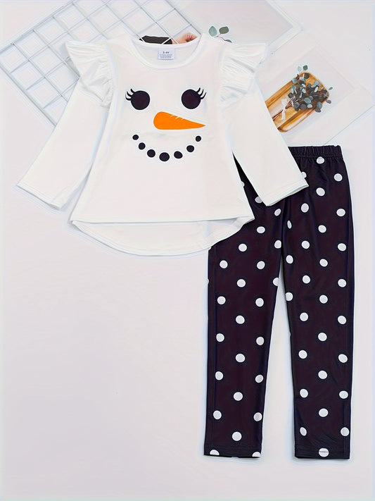 Cute Christmas Sets Girls 2pcs Snowman Design Flutter Trim Top + Pants Kids Clothes For Fall outdoors