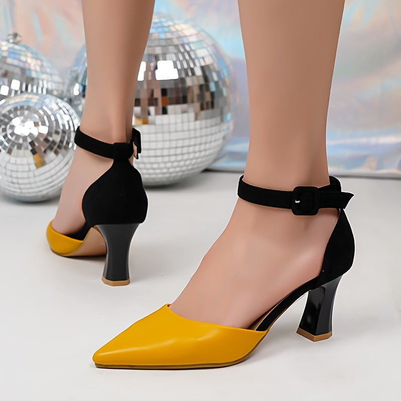 Mid Heel Stiletto Ankle Strap Colorblock Shoes - Elegant Pointed Toe Versatile Summer Shoes with Synthetic Leather Upper and Rubber Sole - All-Season Fashionable Chunky Heel Shoes for Women