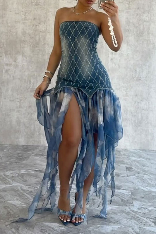 storexq Rhinestone Grid Denim Sweet Irregular Ruffled Maxi Dress