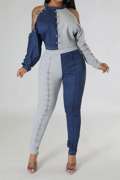 storexq Metal Decor Color Block Stylish Cold Shoulder Pant Suit