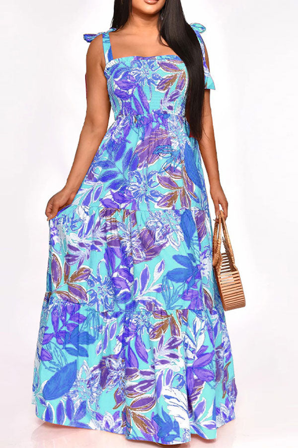 namcoverse Leaf Print Strap Shirred Undeniable Tiered Ruffle Maxi Dress