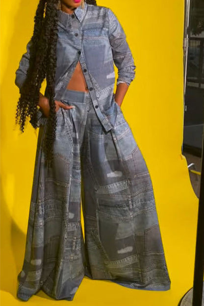 storexq Imitation Denim Print Chic Wide Leg Pant Suit