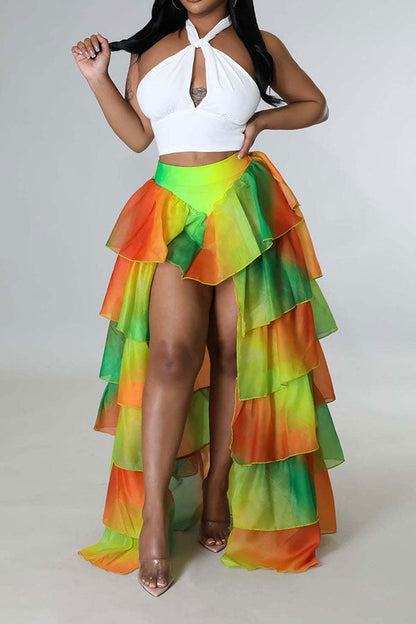 storexq Gradient Elegant Tiered Ruffle High Low Skirt