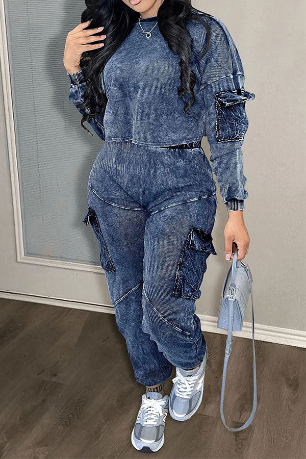 storexq Gradient Round Neck Cozy Multi Pocket Pant Suit