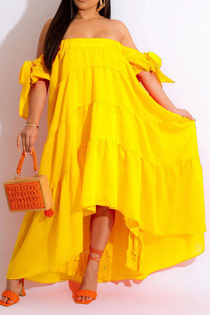 storexq Solid Color Pretty Flowy Tiered Ruffle Maxi Dress