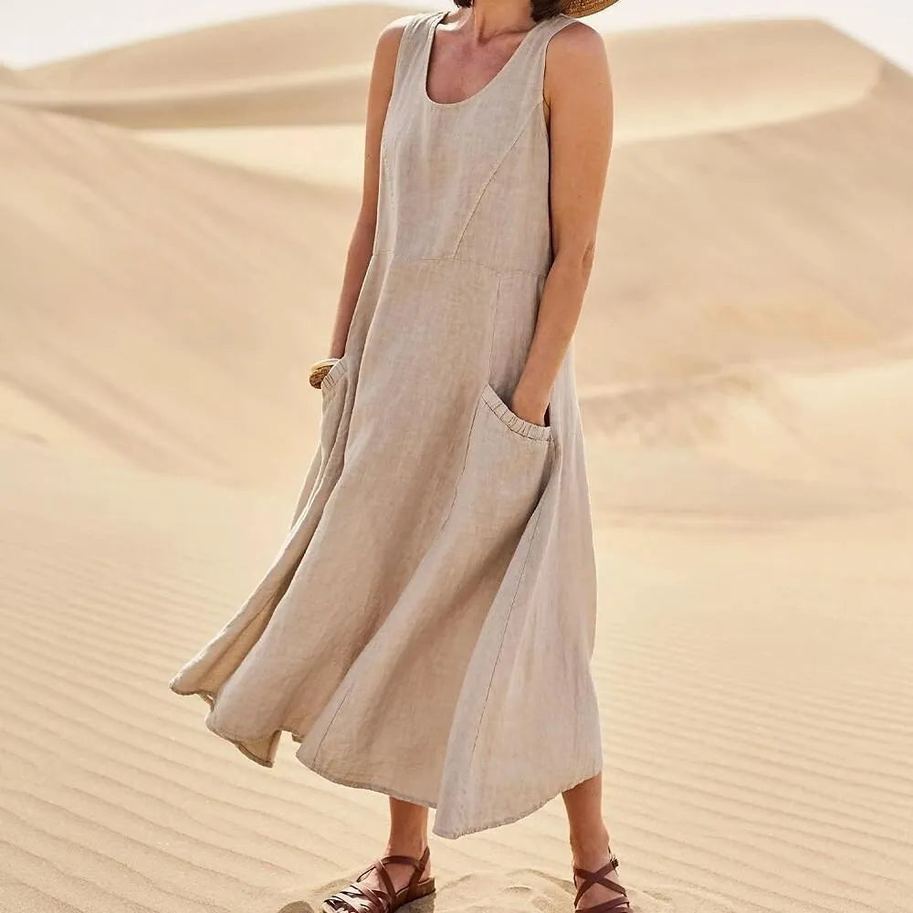 Summer women Casual Dresses pocket sleeveless round neck women's cotton linen dress loose home outdoor skirt cf0 9e0