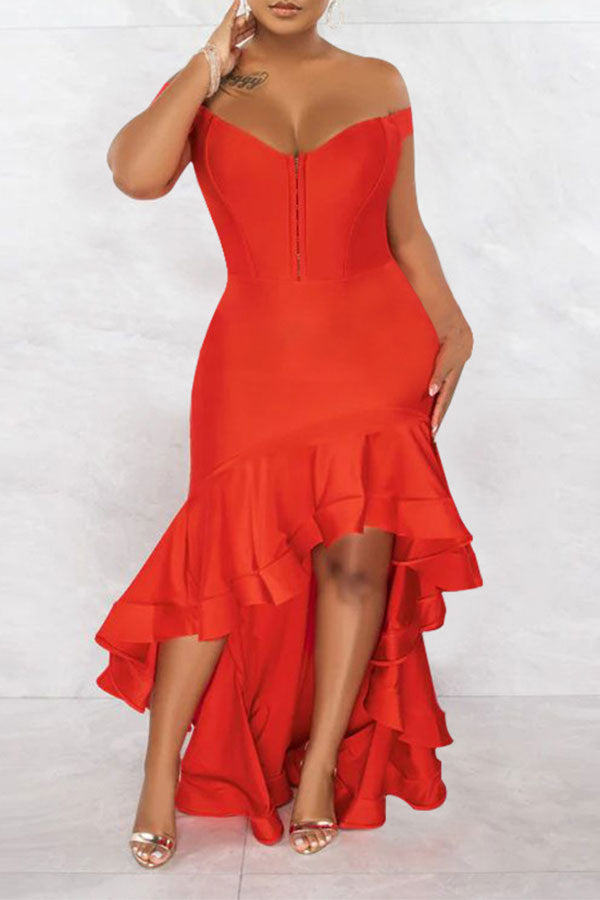 storexq Solid Color Rocking High Low Ruffle Maxi Dress