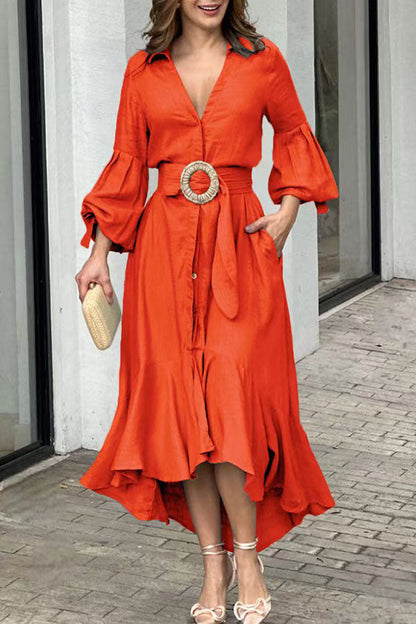 storexq Solid Color Elegant Belted High Low Ruffle Hem Midi Dress