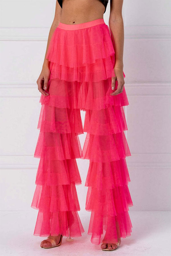 storexq Solid Color Whimsical Mesh Tiered Ruffle Pants