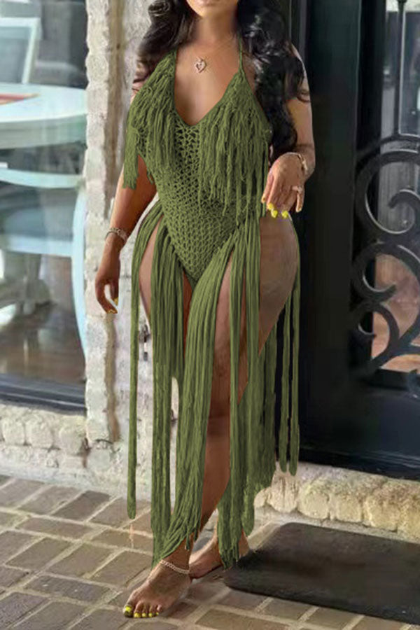 storexq Solid Color Backless Romantic Crochet Cutout Tassel Beachwear