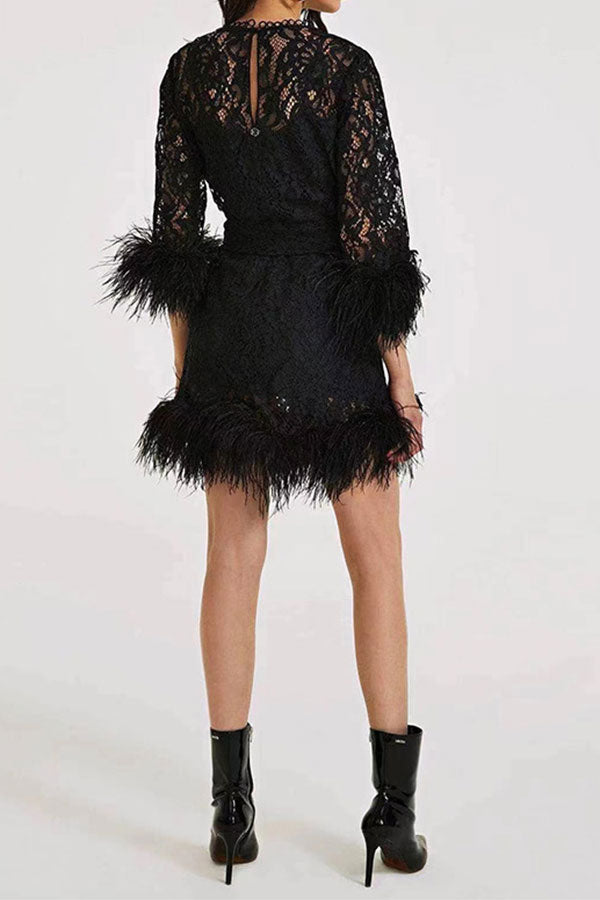 storexq Black Feather Trim Sophisticated Lace Belted Mini Dress