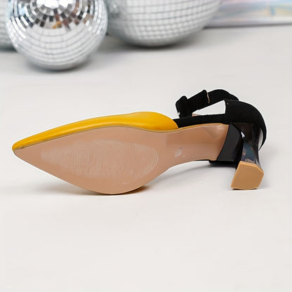 Mid Heel Stiletto Ankle Strap Colorblock Shoes - Elegant Pointed Toe Versatile Summer Shoes with Synthetic Leather Upper and Rubber Sole - All-Season Fashionable Chunky Heel Shoes for Women