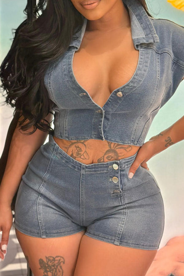 storexq Solid Color Chic Cutout Waist Denim Romper