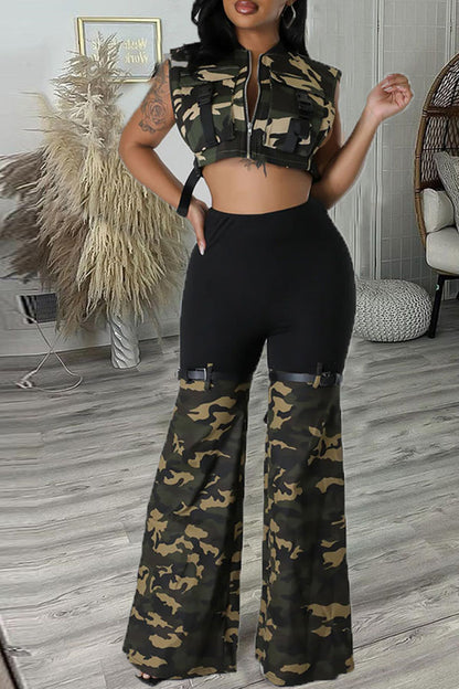 storexq Camouflage Punk Buckled Pocket Belt Decor Pant Suit