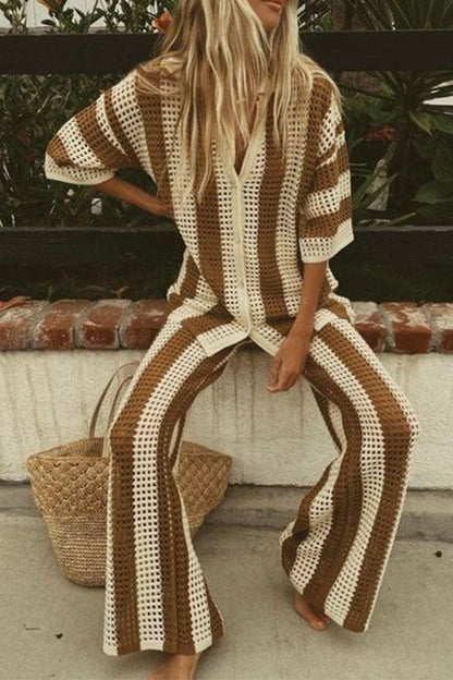 storexq Vertical Striped Laid Back Knitted Pant Suit