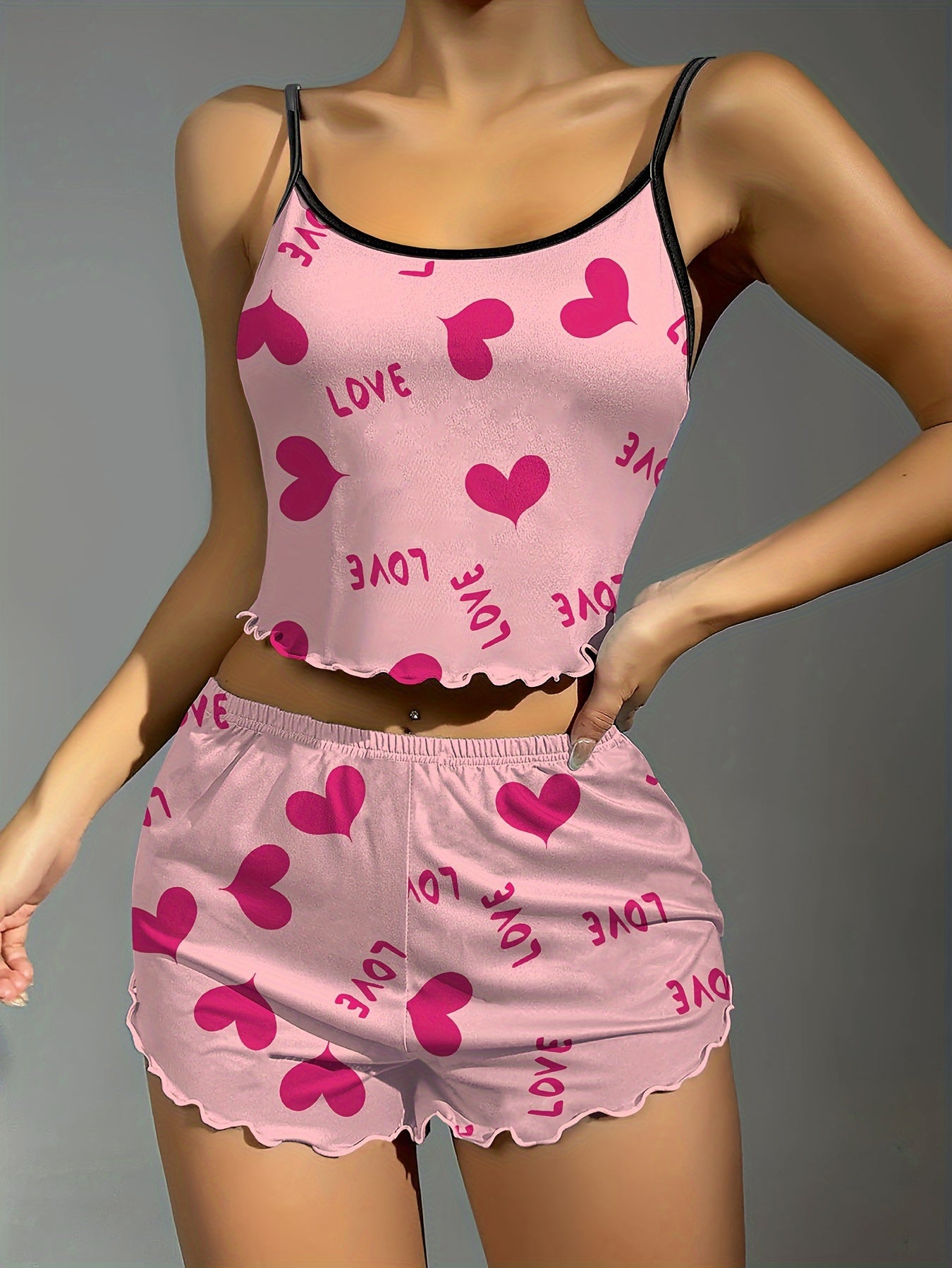 Womens Heart Print Relaxed Fit Pajama Set - Soft Micro Elasticity Polyester Fabric, Cute Spaghetti Strap Crop Cami Top, Lettuce Trim Shorts, Comfortable Round Neck Backless Design, All-Season Nightwear for Adults