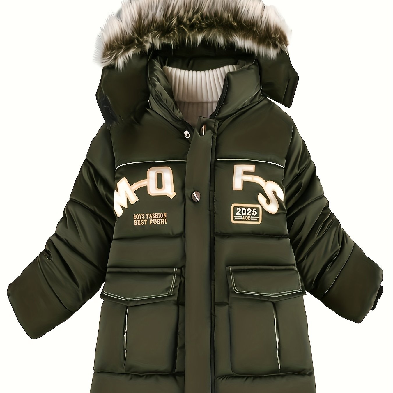 Boys Winter Hooded Long Coat With Fur Collar, Light Warm Jacket Cute Hooded Outerwear