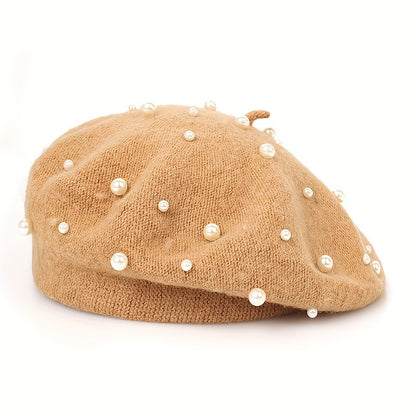 Stylish Pearl Embellished Beret Hat - Soft, Lightweight, Warm, and Elegant Solid Color Painter Cap for Women's Daily Use in Autumn and Winter - Perfect for Casual Outings and Formal Events