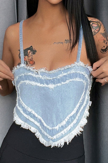 storexq Heart Pattern Sweet Tassel Crop Denim Vest