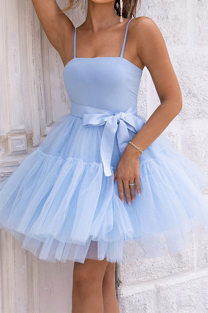 storexq Solid Color Pretty Lace-Up Tulle Bubble Mini Dress