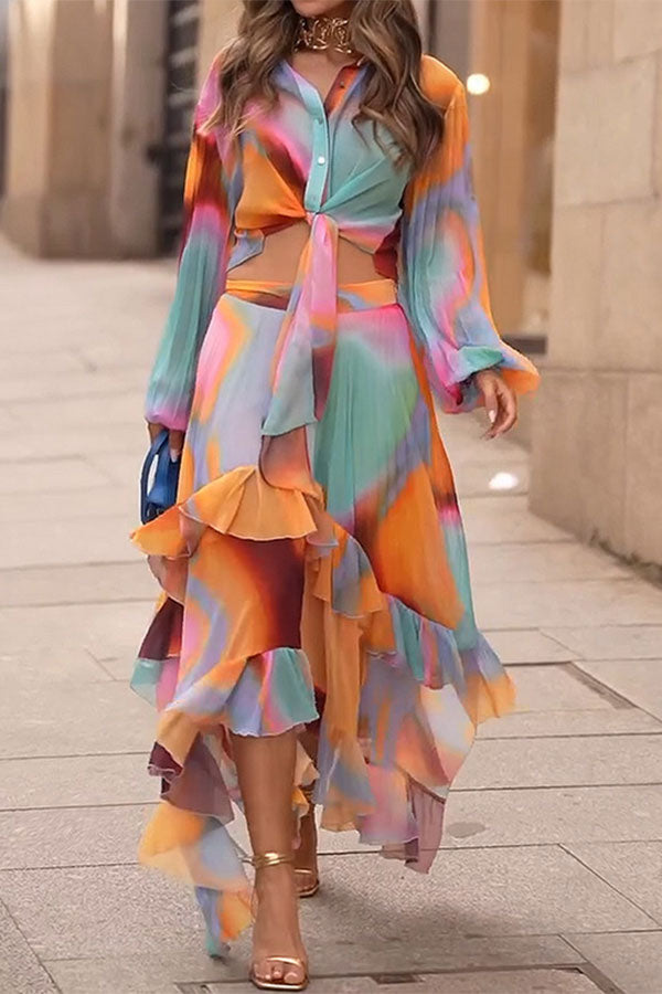 storexq Tie Dye Lace-Up Urban Ruffled Irregular Flowy Dress Suit