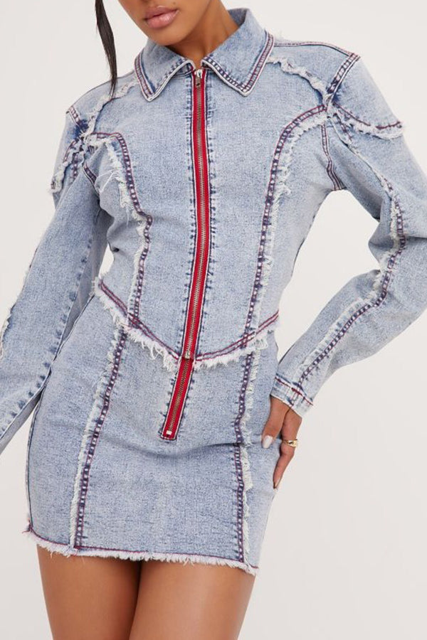 storexq Patchwork On-trend Washed Denim Skirt Suit