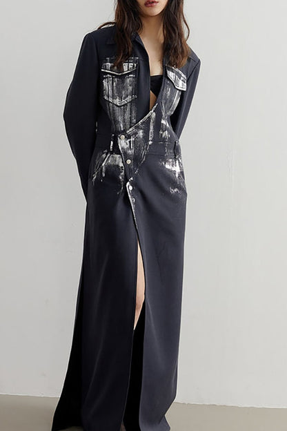 storexq Metallic Graffiti Print Whimsical Irregular Trench Coat