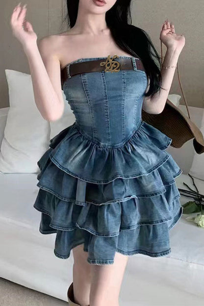 storexq Gradient Girly Belted Tiered Ruffle Denim Mini Dress