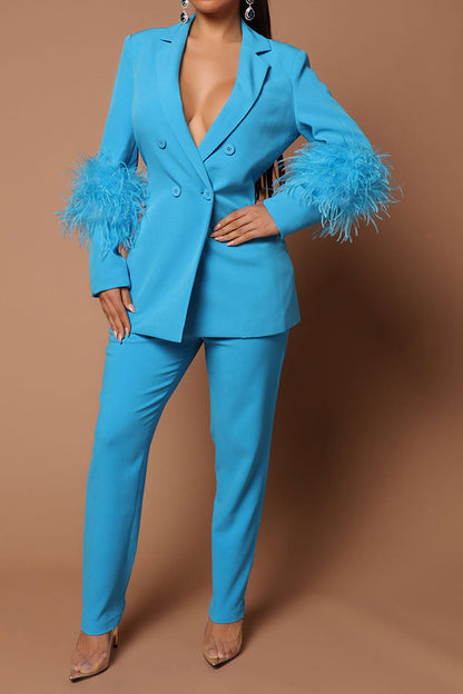 storexq Solid Color Feather Trim Stylish Pant Suit