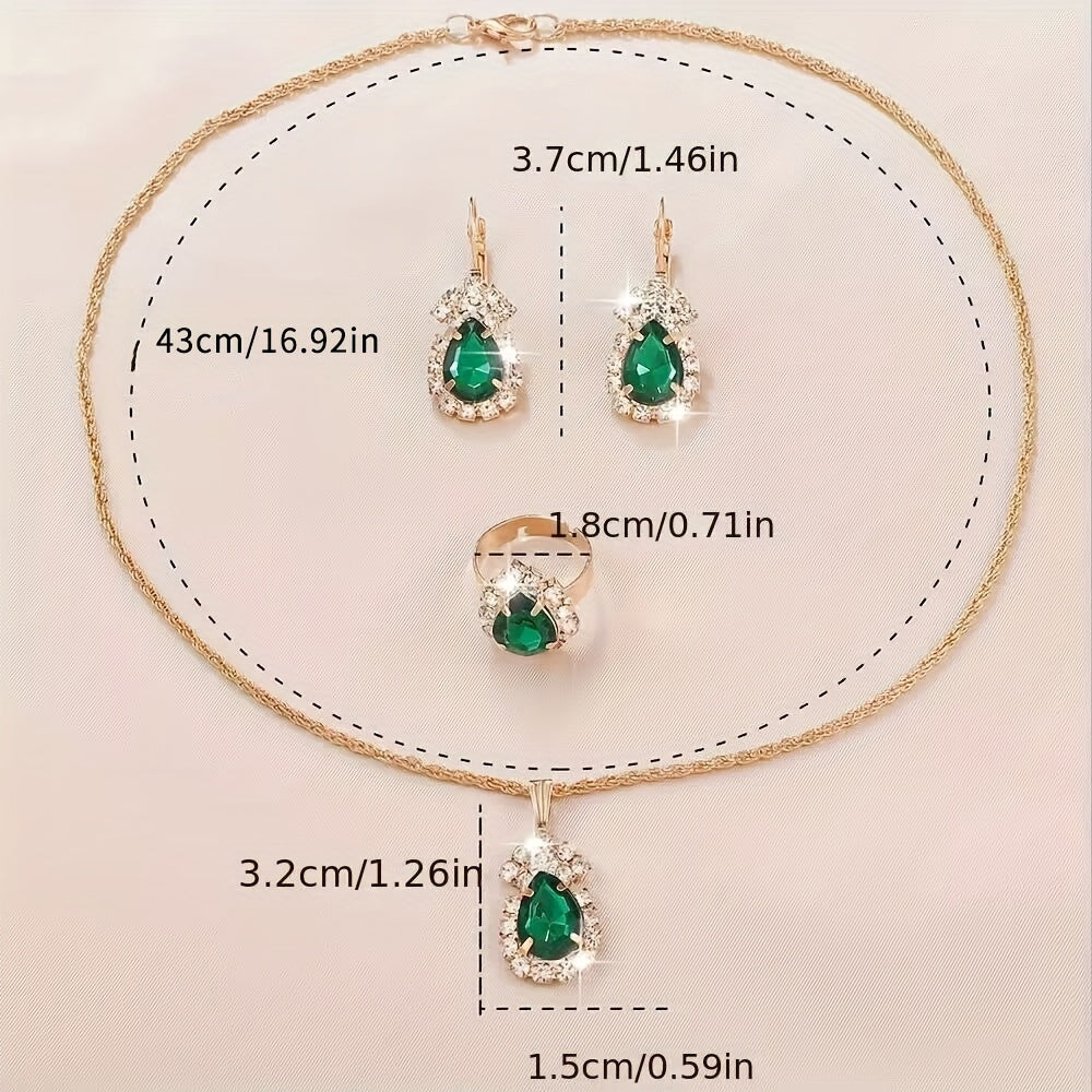 Droplet Shaped Emerald Rhinestone Pendant, Alloy Jewelry Set, Minimalist, Elegant Style For Fashion-Conscious Women, Including Necklace Earrings & Ring Female Gift