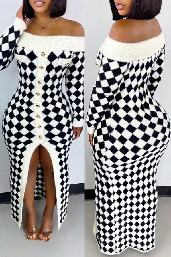 namcoverse Houndstooth Off Shoulder Elegant Split Knitted Midi Dress