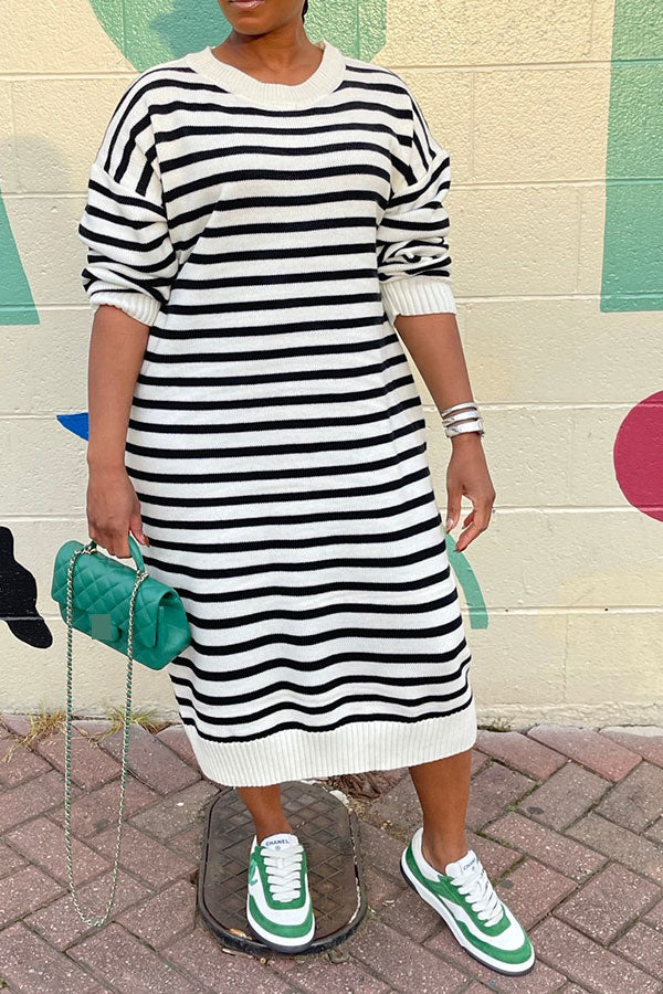 storexq Striped Patchwork Laid Back Midi Dress