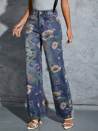 Fashionable Womens Floral Print Jeans - Loose Fit, Distressed Denim, Practical Pockets, Casual Straight Leg Pants for Everyday Style