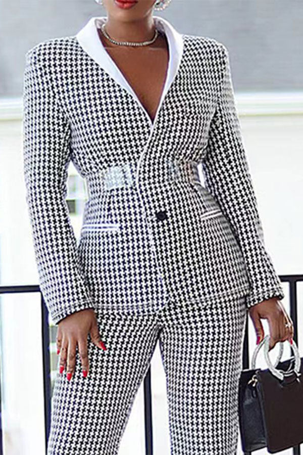 storexq Houndstooth Shawl Collar Feminine Pant Suit