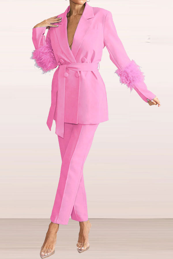 storexq Solid Color Feather Trim Elegant Belted Pant Suit