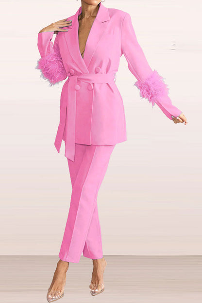 storexq Solid Color Feather Trim Elegant Belted Pant Suit