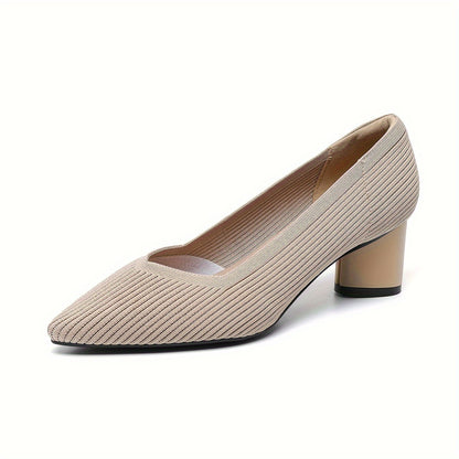 Chic Womens Knit Slip-On Pumps - Soft Chunky Heels, Pointed Toe, Breathable Comfort - Ideal for Work & Casual Style