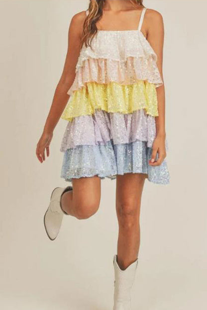 storexq Color Block Sequined Sweet Tiered Ruffle Mini Dress