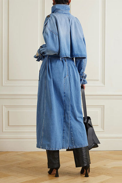 storexq Washed Gradient Denim Feminine Belted Trench Coat