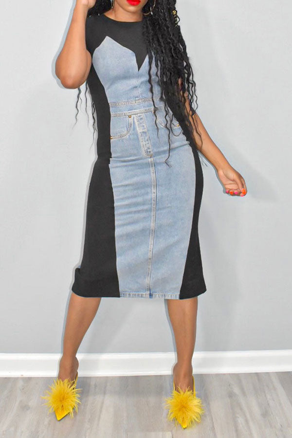 storexq Hit Color Patchwork On-trend Denim Midi Dress