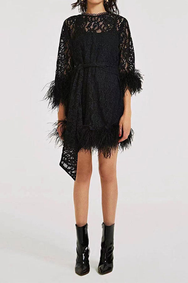 storexq Black Feather Trim Sophisticated Lace Belted Mini Dress