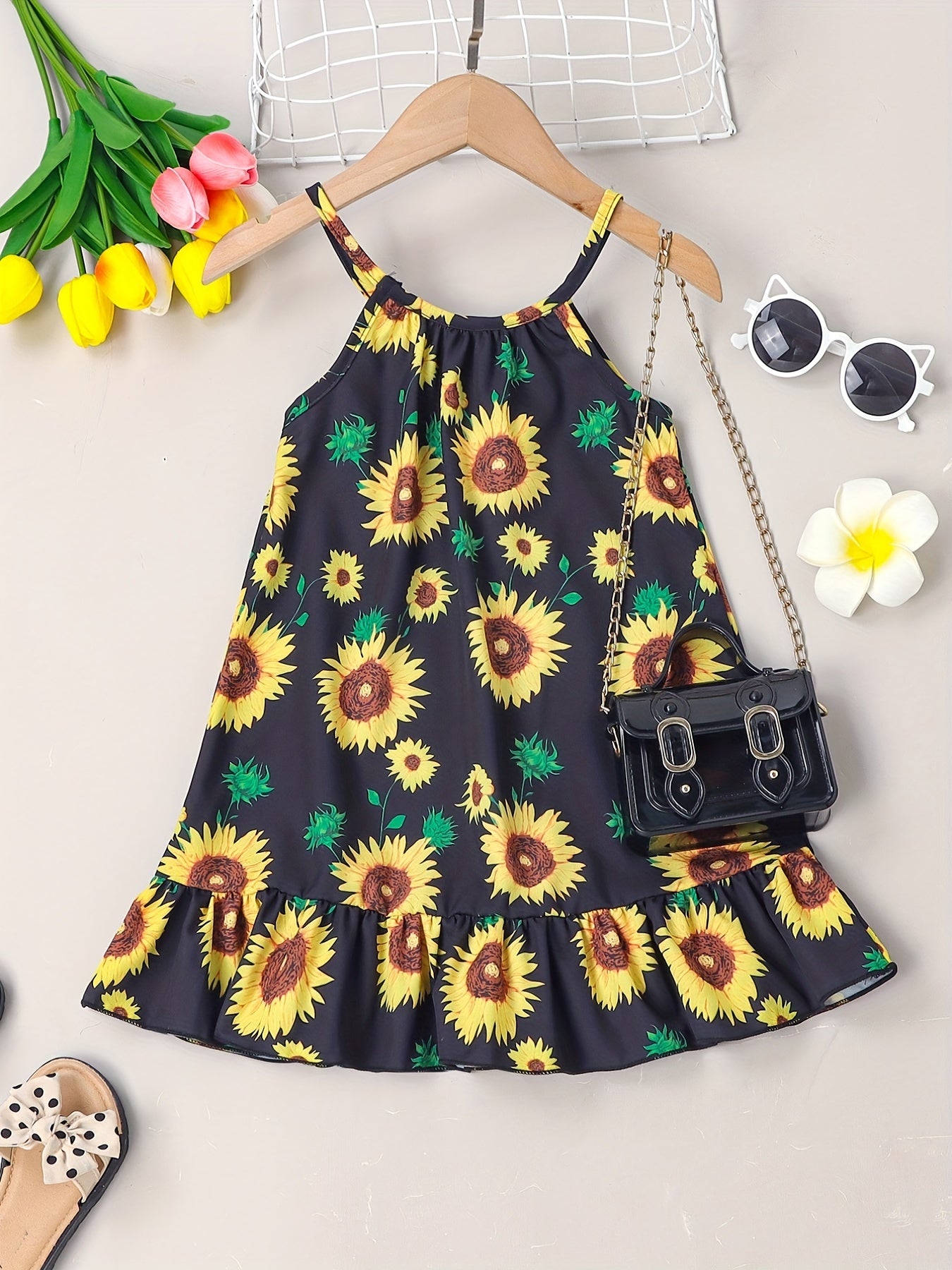 Girls Ruffle Hem Flower Graphic Cami Dress For Party Beach Vacation Kids Summer Clothes