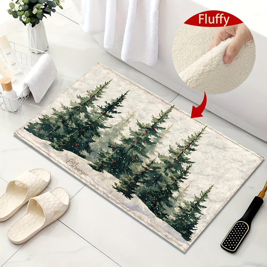 1pc Ultra Soft Microfiber Christmas Tree Snow Scene Non-Slip Bath Mat, Quick Dry Absorbent, Machine Washable, Stain Resistant, Rectangle Polyester Rug for Bathroom, Kitchen, Shower, Ideal for Holiday Decor, Fluffy Plush Winter Decor Decoration