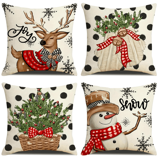 Christmas Throw Pillow Covers Set of 4, Vintage Linen Blend Cushion Cases for Sofa Home Farmhouse Decor, Geometric-Patterned Design with Zipper Closure, Machine Washable, Festive Holiday Pillowcases for Various Room Types - Woven Style