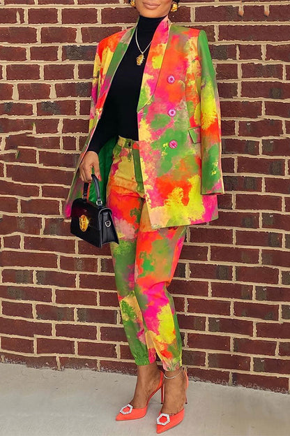 storexq Colorful Splash Ink Print Shawl Collar OL Pant Suit